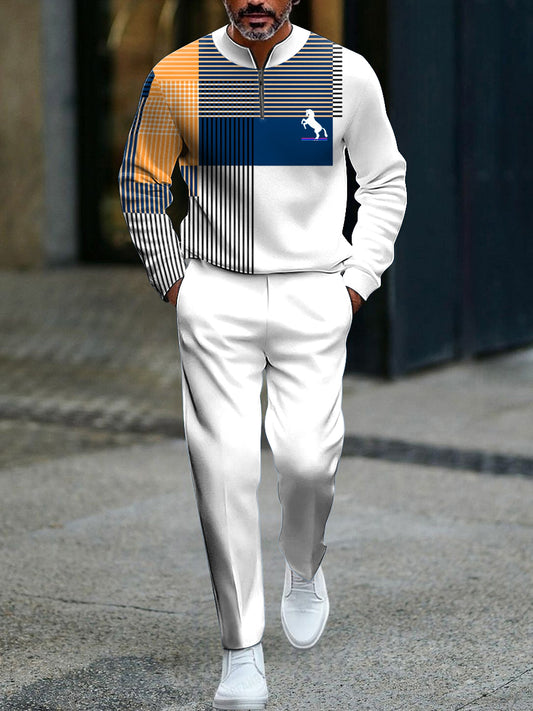 Pánské vintage minimalistický pruhované casual business polo dlouhé kalhoty set