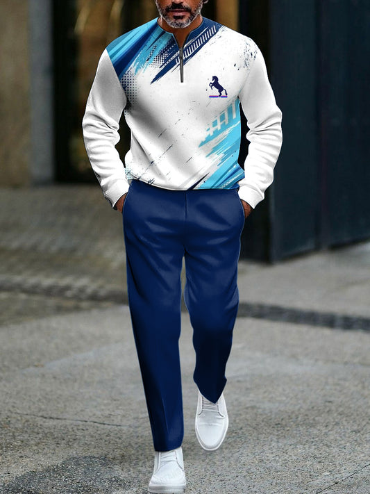 Pánské vintageinspired inkwashed doodle casual polo long pants set