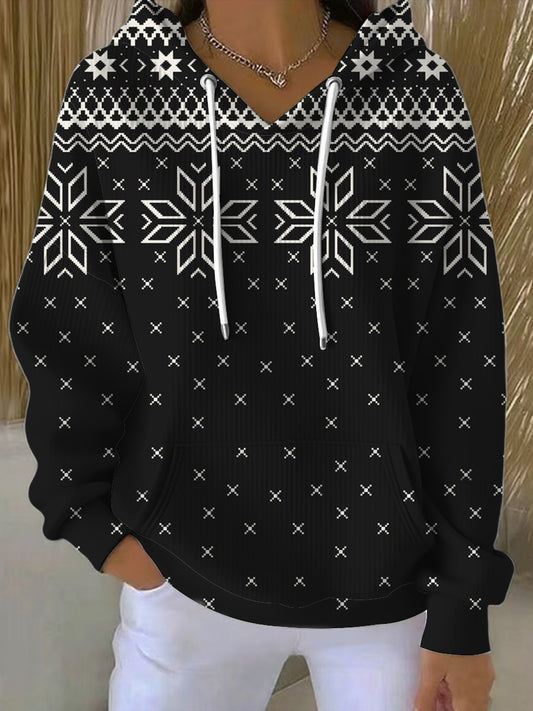 Dámské elegantní černá sněhová vločka fair isle hoodie