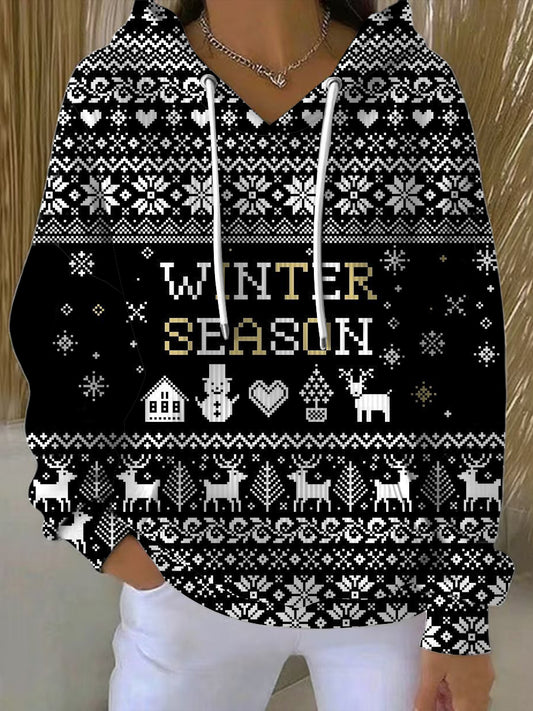Dámské stylové černé "zimní sezóna" fair isle hoodie