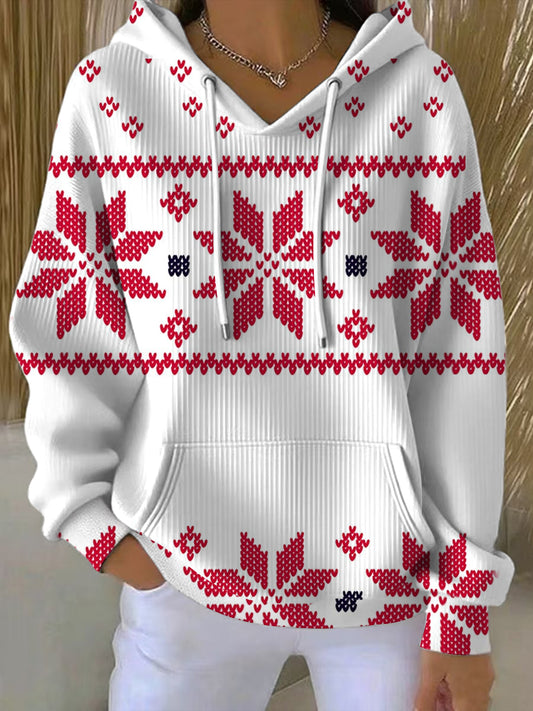 Ženy vánoční slavnostní červená sněhová vločka fair isle hoodie