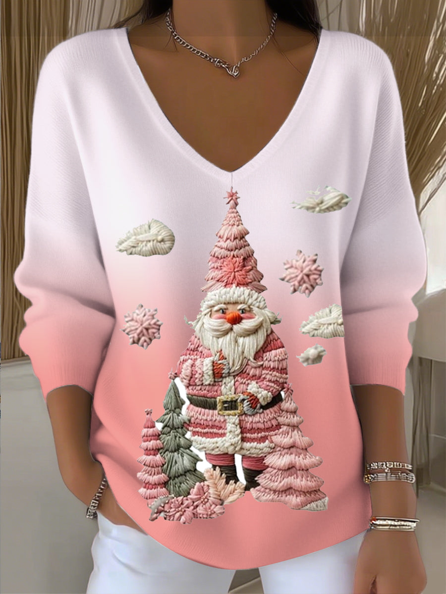 Dámské vánoce slavnostní růžové santa 3d vyšívání vneck svetr