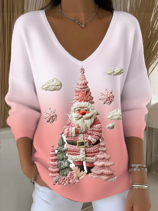 Dámské vánoce slavnostní růžové santa 3d vyšívání vneck svetr