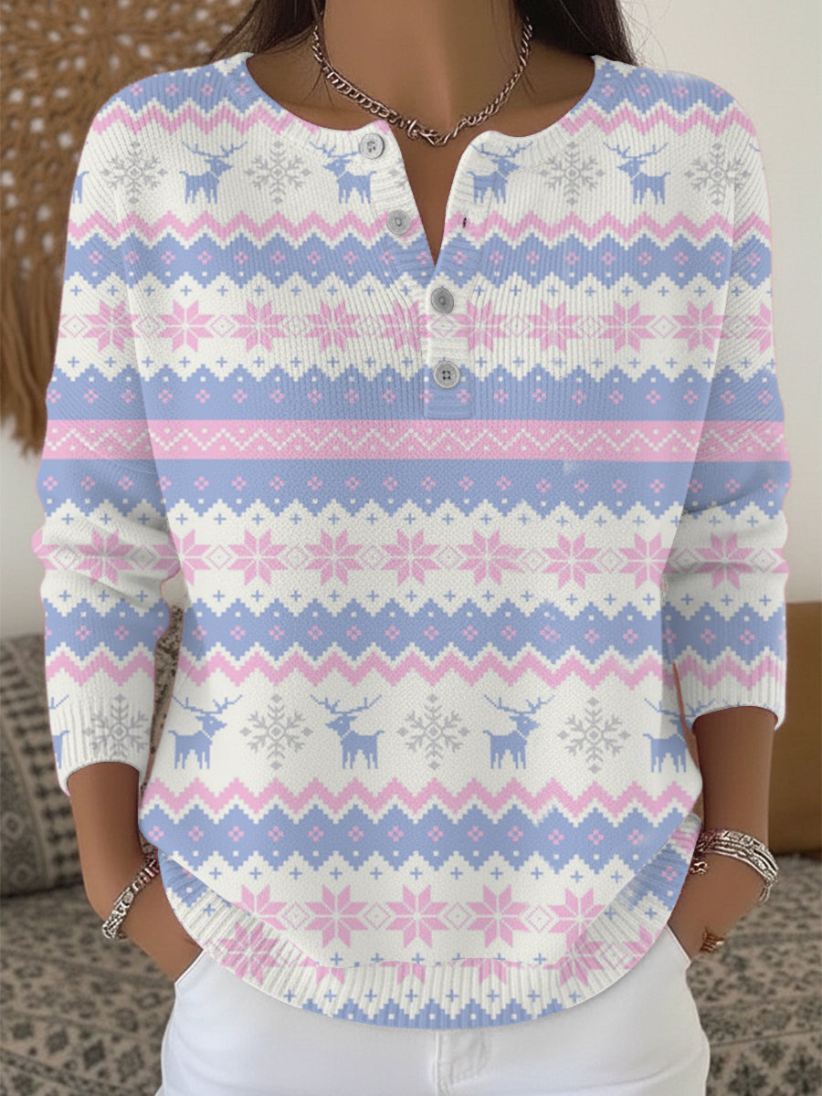 Dámské krásné růžové a modré soby fair isle henley svetr