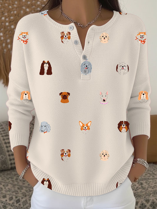 Ženské barevné psí plemeno vytisknout henley svetr