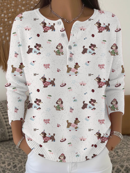 Dámské roztomilé pudle print henley svetr