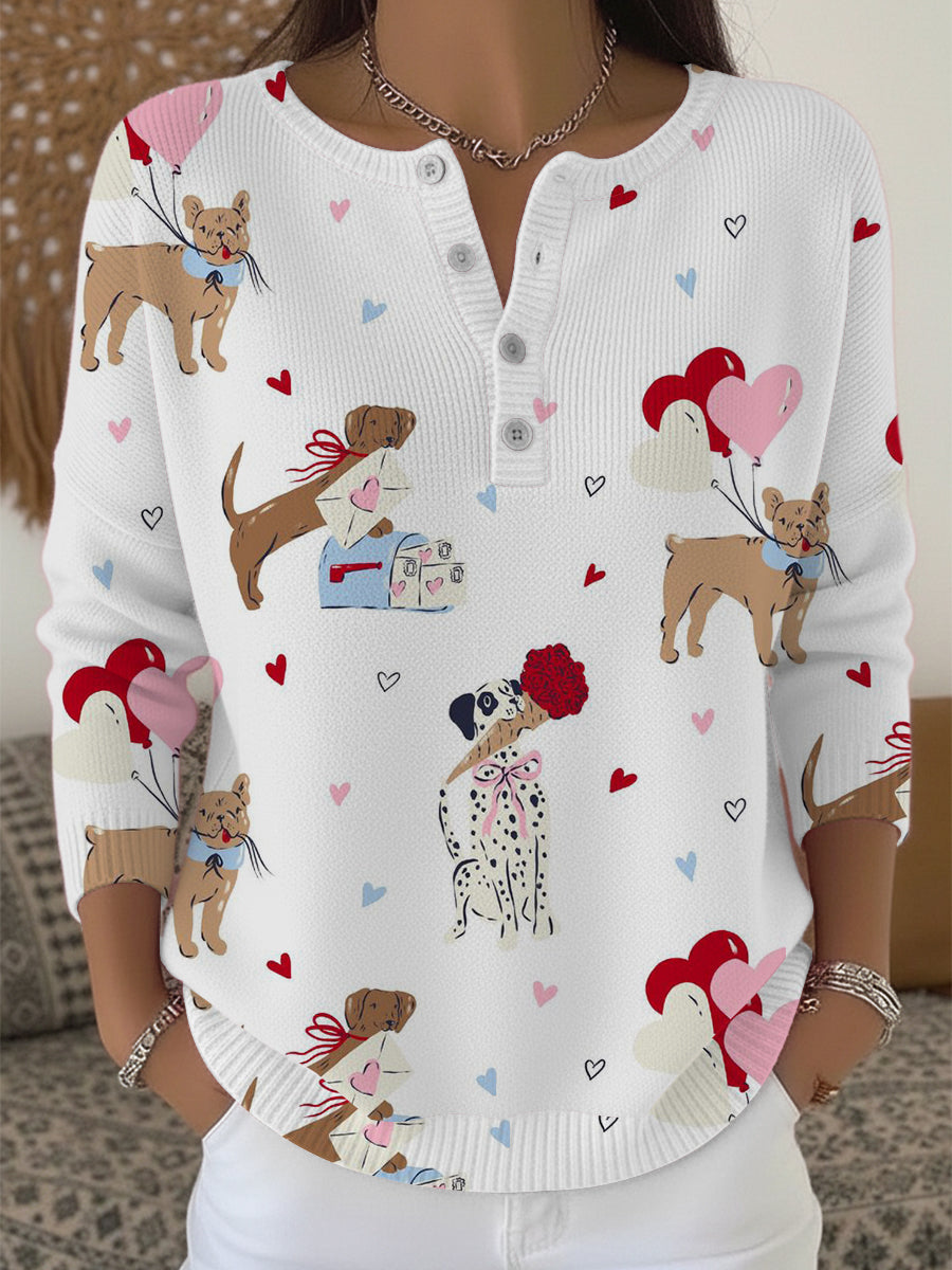 Ženské romantické pes & srdce balón henley svetr