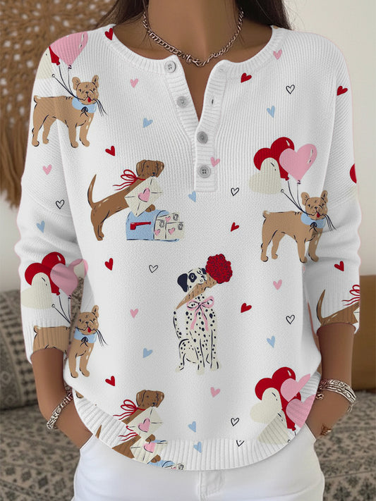 Ženské romantické pes & srdce balón henley svetr