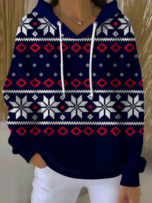 Ženy slavnostní námořní červená sněhová vločka fair isle hoodie