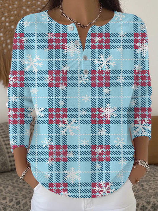 Dámské chladné modré plátované sněhové vločky henley svetr