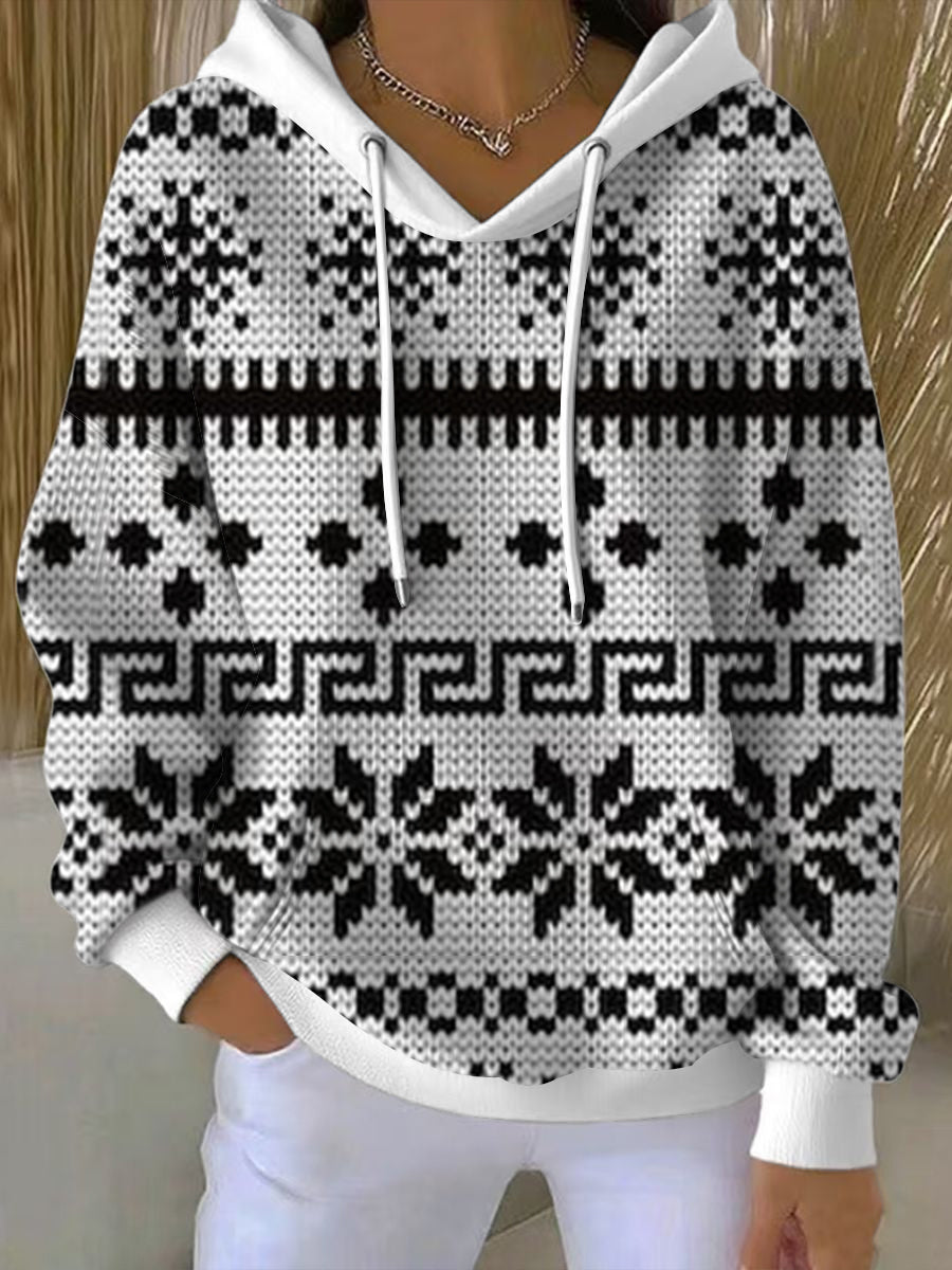 Dámské elegantní černá bílá sněhová vločka fair isle hoodie