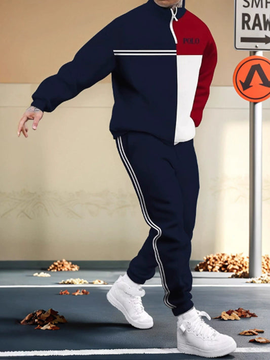 Pánské stylové barevné bloky pólových pásů módní sportovní dvoudílná sada