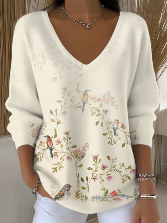 Dámské okouzlující ptačí a květinový svetr s v krkem
