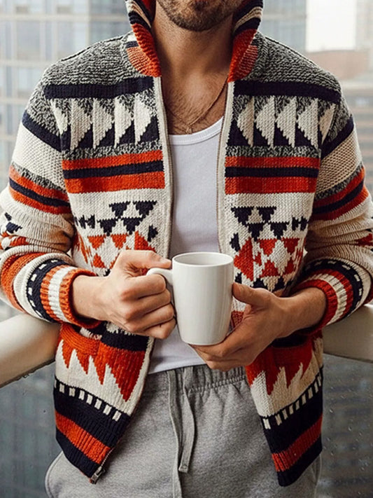 Pánské vintage etnické jacquard obojek pletené vesty