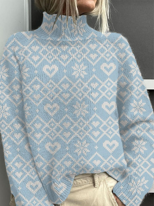 Dámské sladké modré srdce & sněhové vločky mock neck svetr