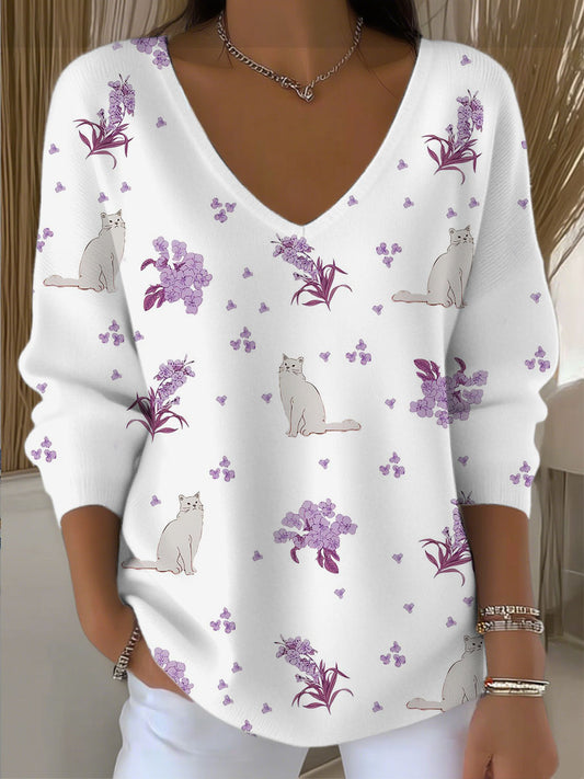 Dámské roztomilé fialové kočky & květinové vkrk svetr