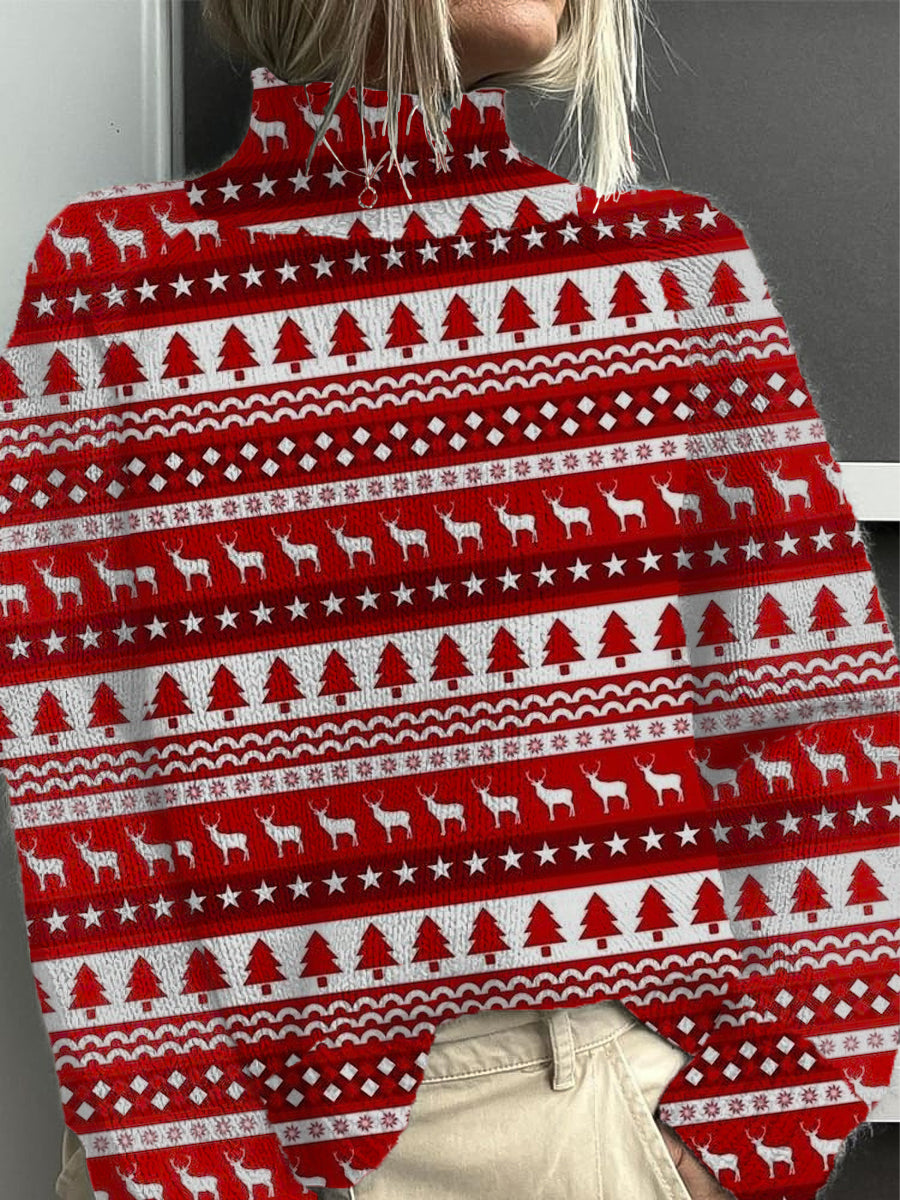 Dámské vánoce slavnostní červený soby a strom mock neck svetr