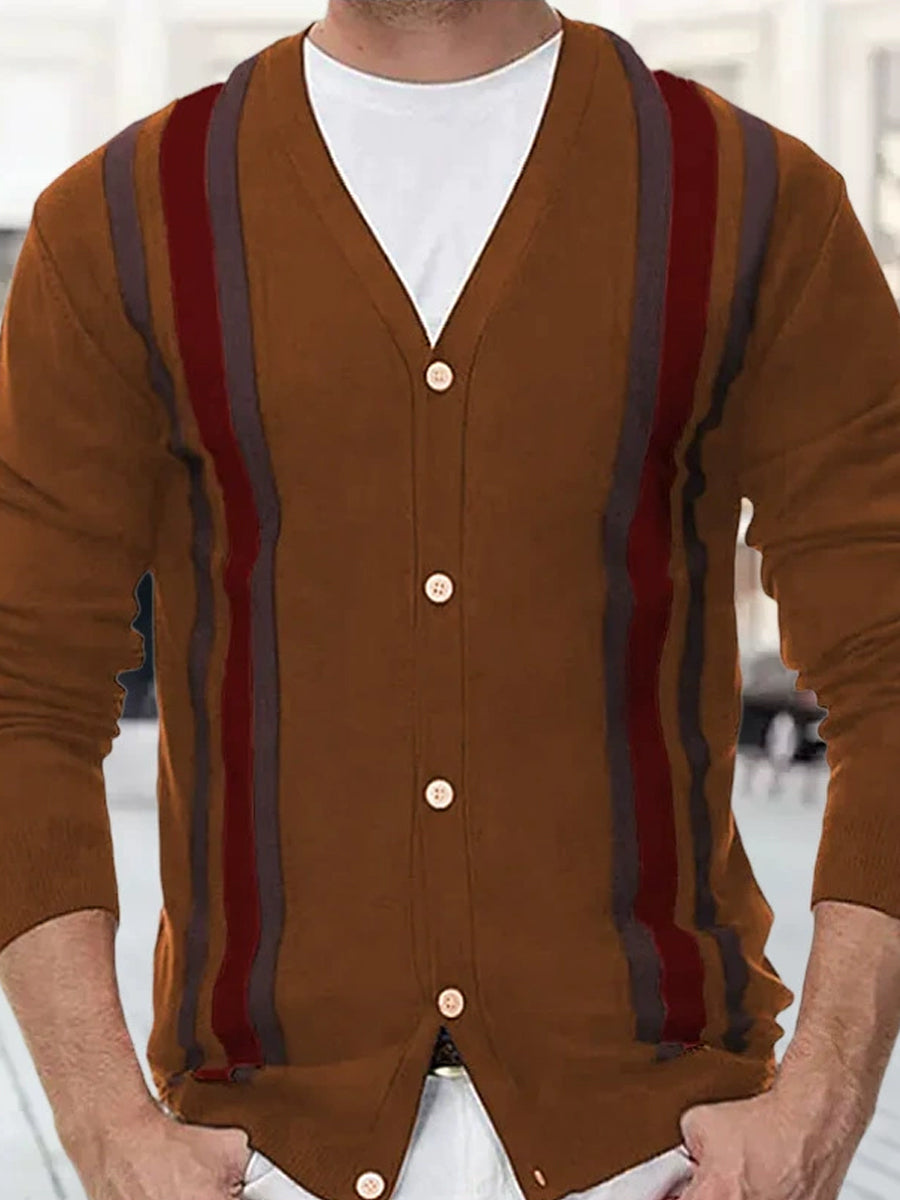 Pánské vintage klasické pruhované vneck s dlouhým rukávem vestavěné