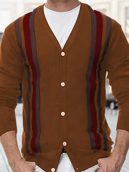 Pánské vintage klasické pruhované vneck s dlouhým rukávem vestavěné