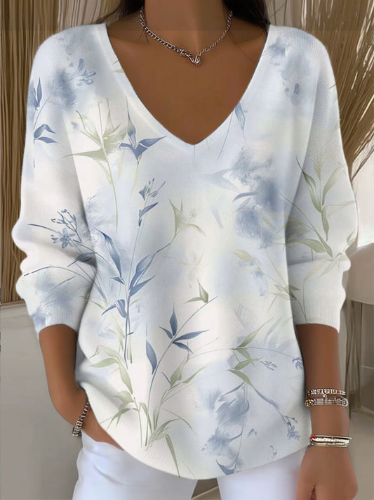 Dámské čerstvé modré rostlinné tisk vkrk svetr