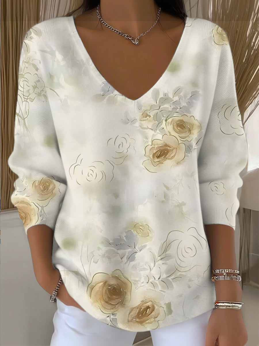 Dámské elegantní béžové růžové tisk vkrk svetr