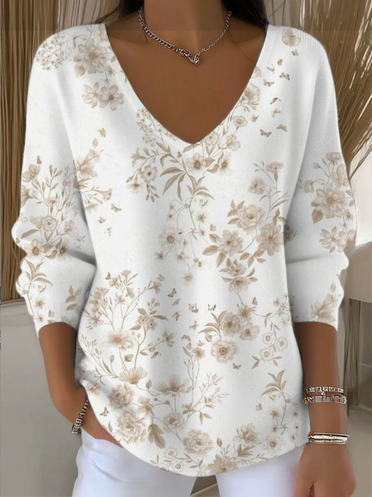 Dámské elegantní béžové květinové & butterfly vneck svetr