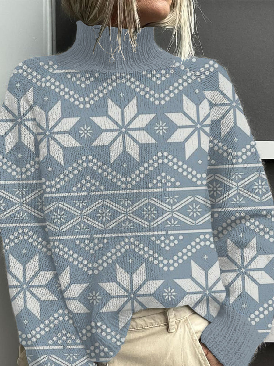 Dámské jemné modré sněhové vločky mock neck svetr