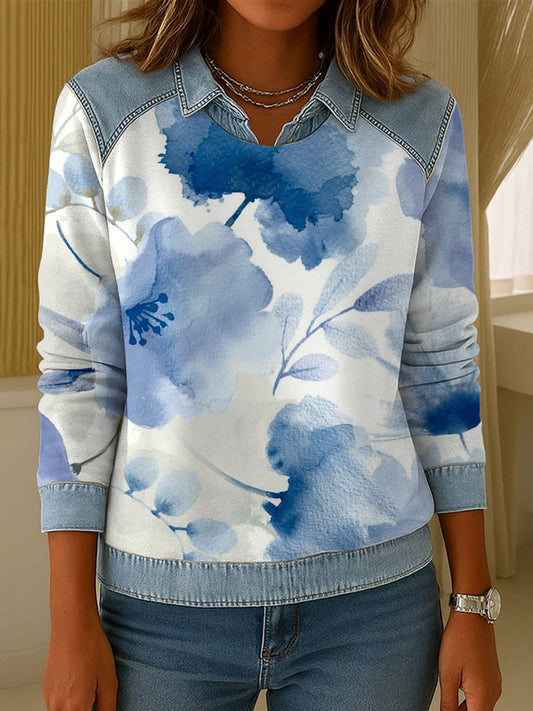 Dámské modré akvarel kvetinové džínsové patchwork sweatshirt