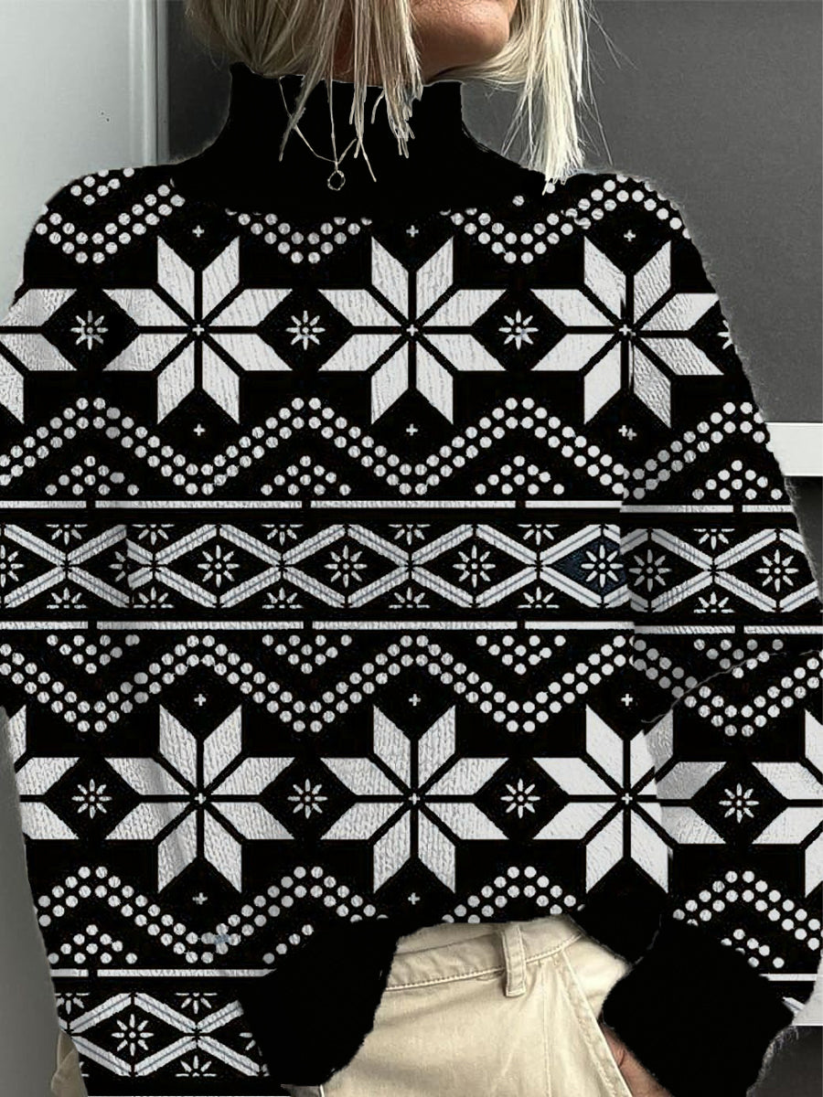 Dámské chladné černé a bílé sněhové vločky mock neck svetr