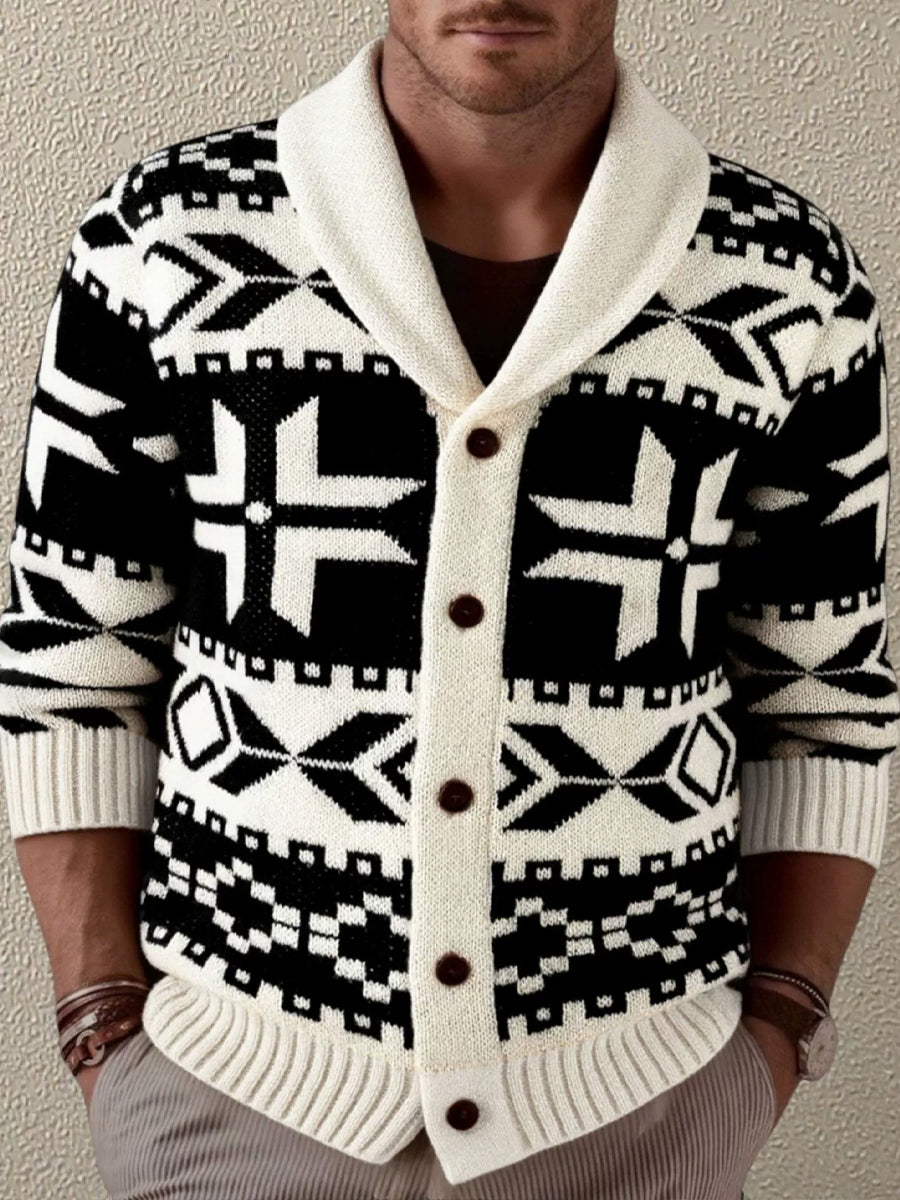 Pánské vintage heavyduty jacquard collared pletená bunda