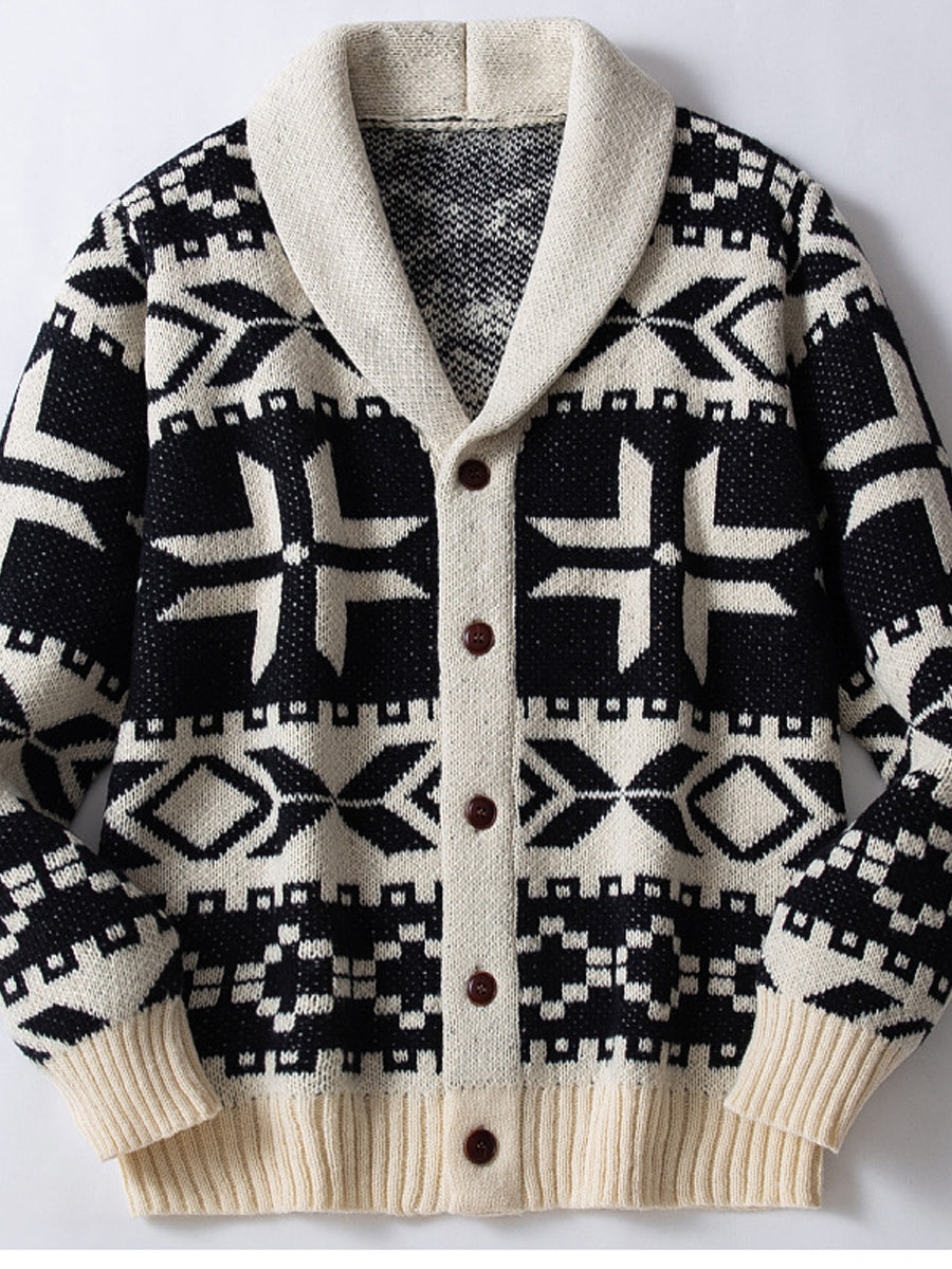 Pánské vintage heavyduty jacquard collared pletená bunda