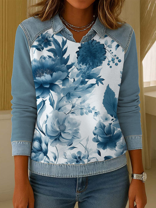 Dámské modré květinové otisky denim patchwork sweatshirt