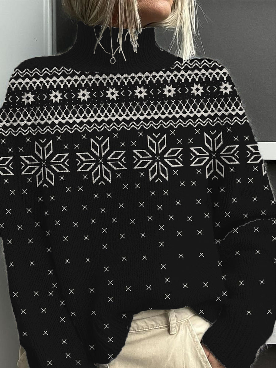 Dámské elegantní černé sněhové vločky mock neck svetr
