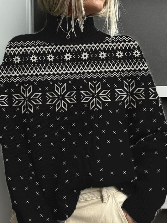 Dámské elegantní černé sněhové vločky mock neck svetr