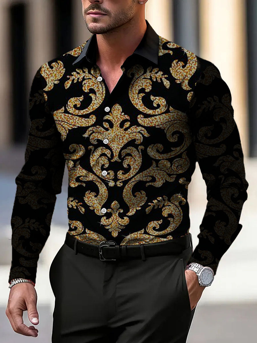 Pánské bohaté zlaté třpytky damask tisk šaty košile