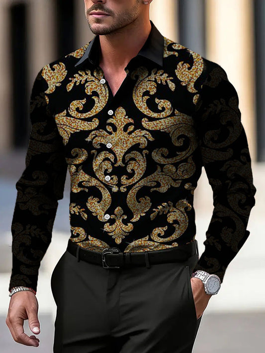 Pánské bohaté zlaté třpytky damask tisk šaty košile