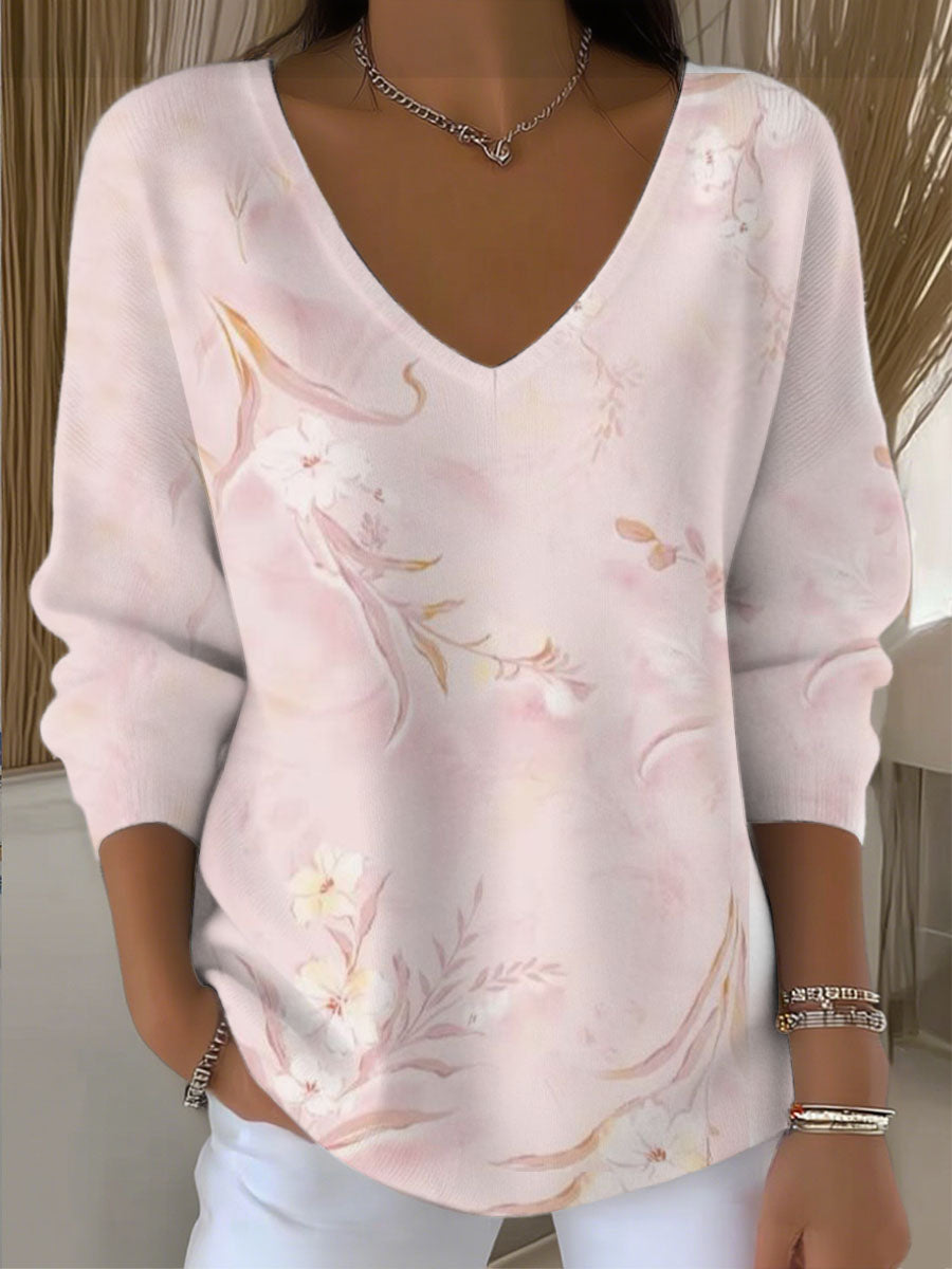 Dámské měkké růžové květinové vneck svetr