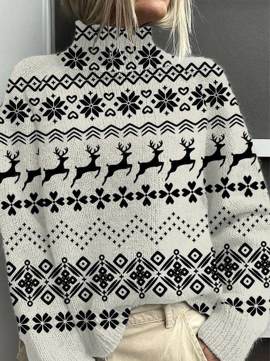 Dámské stylové černé a bílé soby mock neck svetr