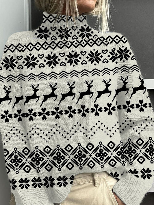 Dámské stylové černé a bílé soby mock neck svetr