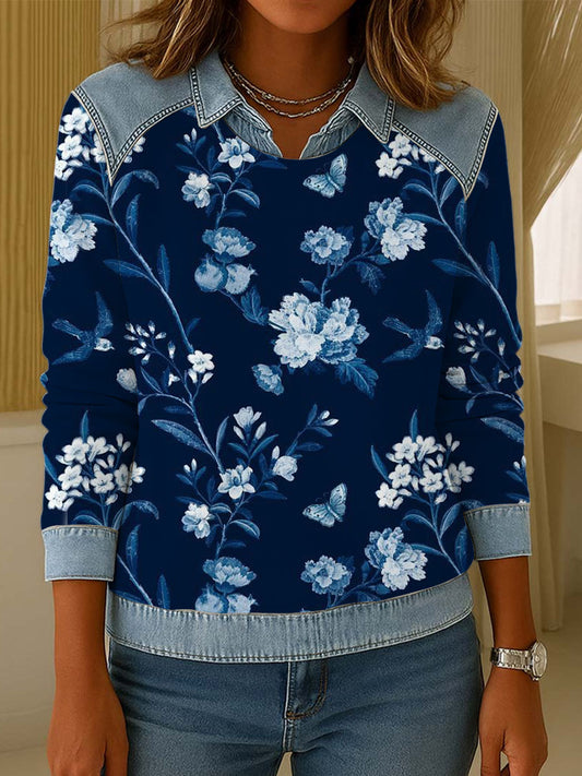 Dámské navy floral & butterfly denim patchwork sweatshirt