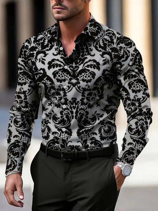 Pánské klasické černéšedé damask print šaty košile