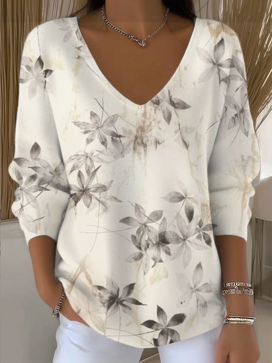 Dámské stylové šedé listy tisk vkrk svetr