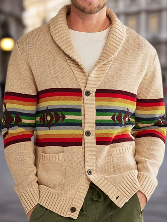 Pánské vintage pruhované jacquard obojek svetr pletené bundy