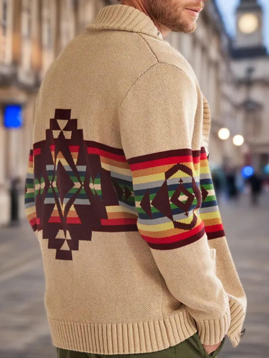 Pánské vintage pruhované jacquard obojek svetr pletené bundy