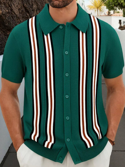 Pánské vintage klasické pruhované obojek pletené pólo svetr