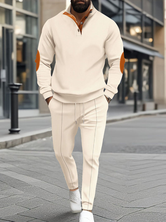 Pánské vintage vafle weave polo s dlouhým rukávem set