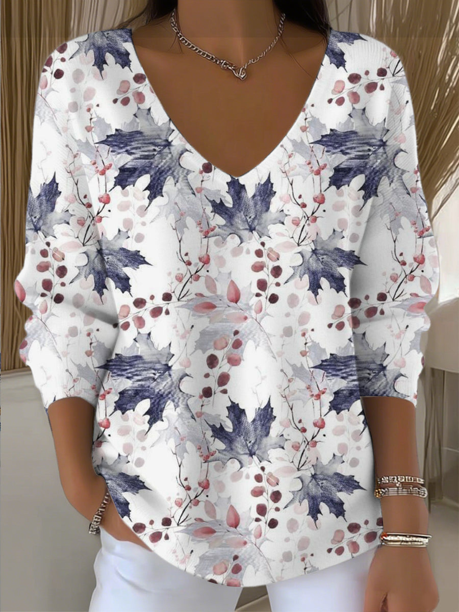 Dámské umělecké modré listy tisk vkrk svetr