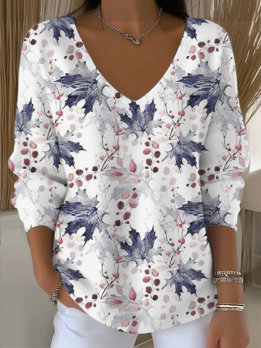 Dámské umělecké modré listy tisk vkrk svetr