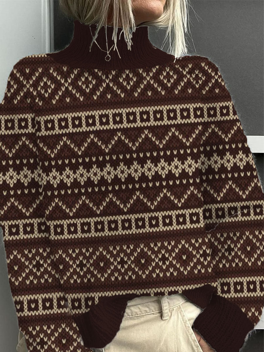 Dámské klasický brown fair isle mock neck svetr