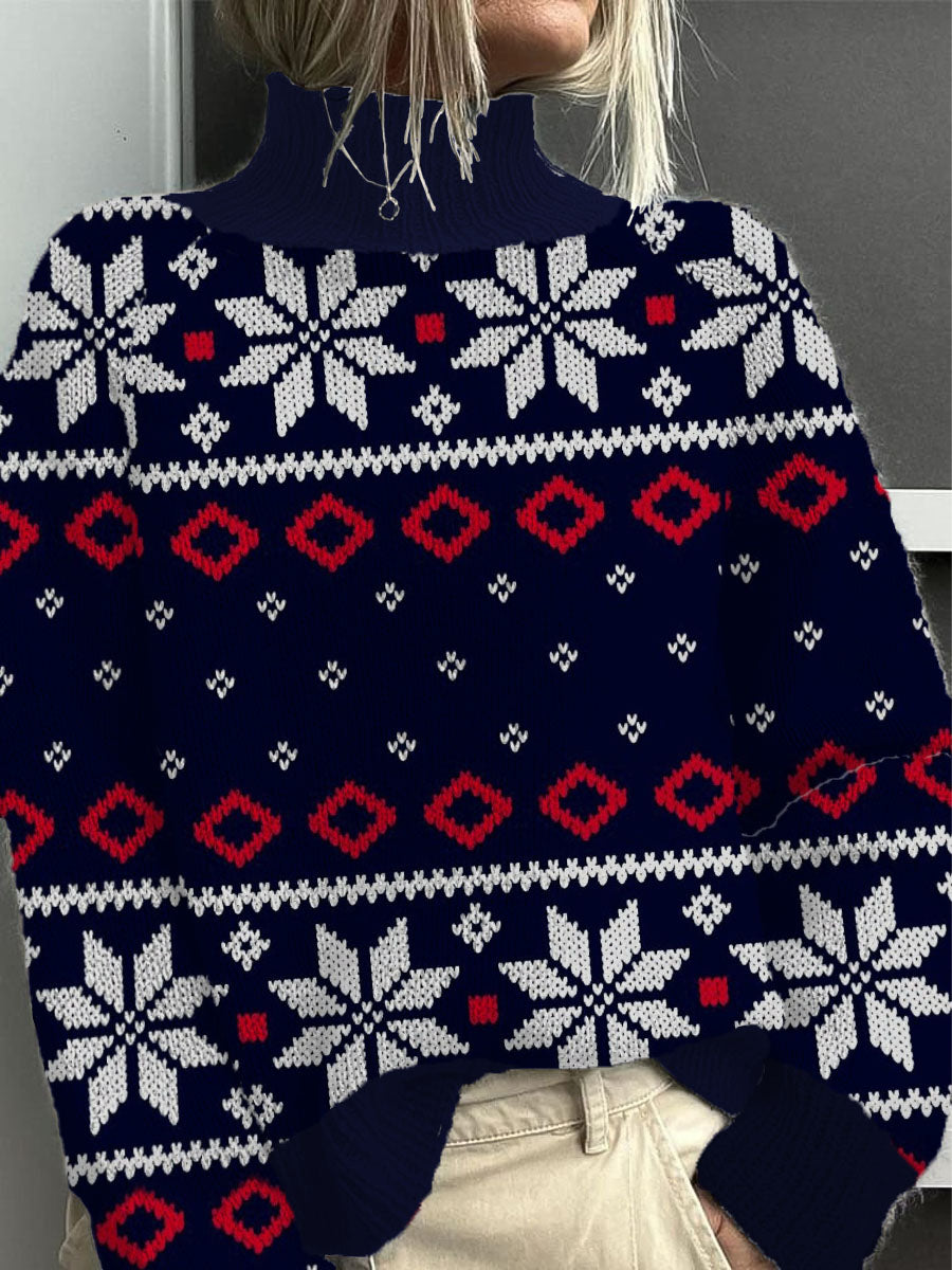 Womens navy red snowflake fair isle mock neck svetr
